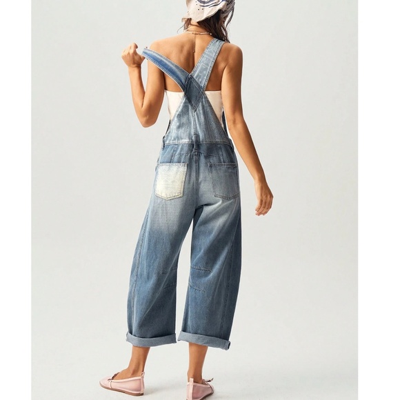 Boho Dark Wash Paisley print Button Wide Leg Denim Bib Overalls - Picture 3 of 12